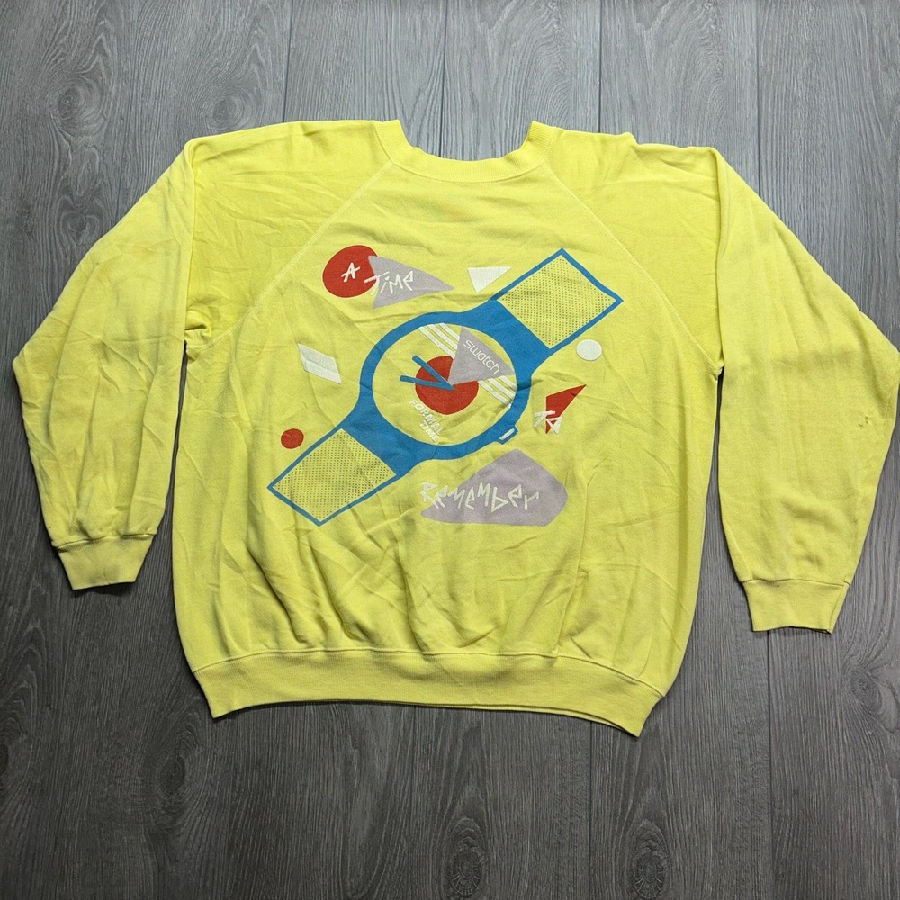 Vintage 80s Swatch Swiss Watch Sweatshirt Yellow Raglan Made in USA Mens Medium